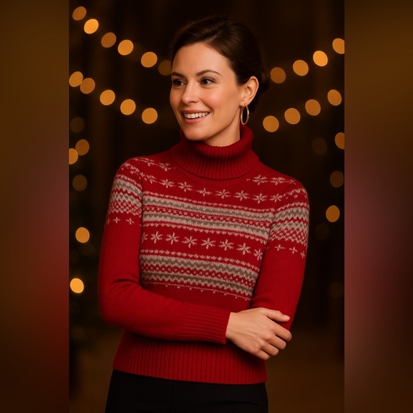 Xhilaration stretch Sweaters - Cozy Red Fair Isle Turtleneck Sweater – Soft Wool Blend with Angora, Size XL